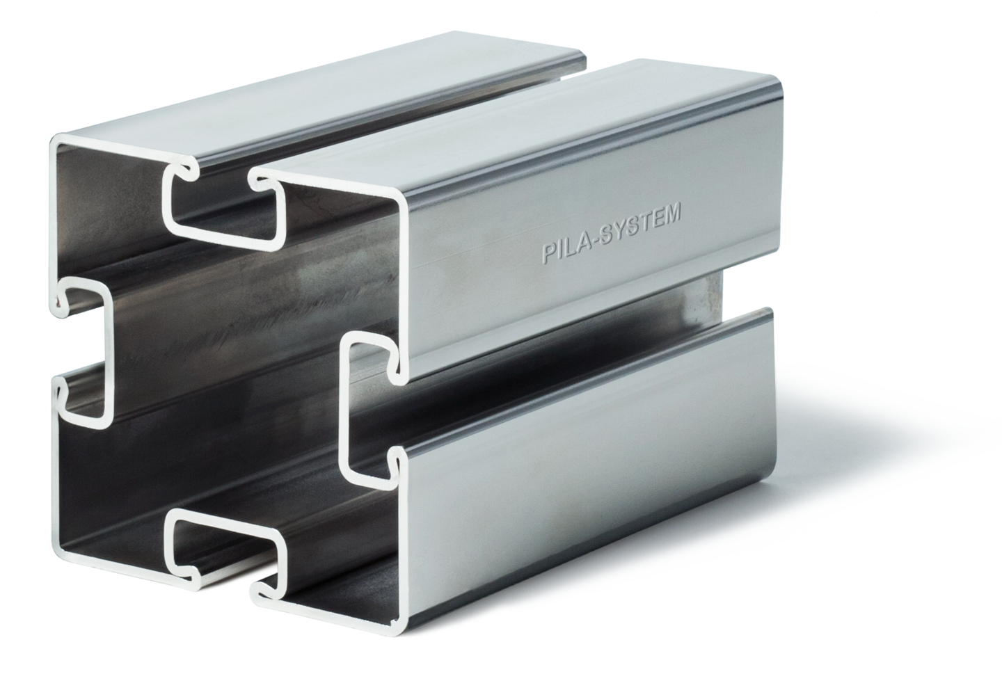 Querschnitt durch das PILA-System, ein modulares System für komplexe Tragkonstruktionen für die Montage von Rohrleitungen und Gebäudetechnik.