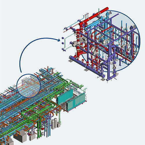 Energiezentrale TP2 – Gesamtübersicht und Detail aus dem Heizungsverteiler